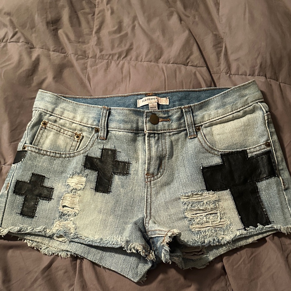 Light Blue Jean Shorts with Black Cross Accents